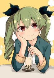 Rule 34 | 1girl, anchovy (girls und panzer), barashiya, black ribbon, blush, casual, closed mouth, collared shirt, commentary, cup, drill hair, drinking glass, drinking straw, elbow rest, girls und panzer, green hair, green shirt, hair ribbon, head rest, highres, long hair, long sleeves, looking at viewer, open clothes, open shirt, red eyes, ribbon, shadow, shirt, sitting, smile, solo, table, twin drills, twintails, white shirt