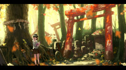 Rule 34 | 1girl, autumn, book, bow, brown eyes, brown hair, forest, hat, highres, kaatoso, leaf, letterboxed, maple leaf, nature, onbashira, ribbon, short hair, shrine, skirt, solo, torii, touhou, tree, usami renko