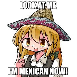 Rule 34 | 1girl, black vest, blonde hair, bow, braid, commentary, english text, green bow, hair bow, hand up, hat, image macro (meme), impact (font), index finger raised, kasuya baian, kirisame marisa, long hair, look at me i&#039;m the captain now (meme), looking at viewer, meme, open mouth, shirt, simple background, single braid, smile, solo, straw hat, teeth, touhou, upper body, upper teeth only, vest, white background, white shirt, yellow eyes