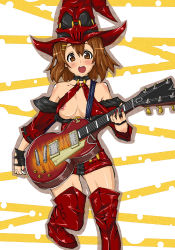 Rule 34 | 1girl, arc system works, bare shoulders, blush, boots, breasts, brown eyes, brown hair, cleavage, cosplay, dress, electric guitar, embarrassed, fingerless gloves, gibson les paul, gloves, guilty gear, guitar, hair ornament, hairclip, hat, hirasawa yui, i-no, i-no (cosplay), instrument, k-on!, leather, makai, nail polish, nipple slip, nipples, open mouth, red hat, red nails, red thighhighs, round teeth, short dress, short hair, skirt, skull, solo, standing, teeth, thigh boots, thighhighs, witch, witch hat, zettai ryouiki