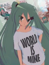 Rule 34 | absurdres, animasa model (mikumikudance), aqua hair, blurry, blurry background, brown eyes, cel shading, character doll, contrapposto, curious, dutch angle, flower pot, green hair, hair between eyes, hair ornament, hairclip, halftone texture, hand on own hip, hatsune miku, head tilt, highres, kio (majin kz), lens flare, looking at viewer, messy hair, mikumikudance, oversized clothes, oversized shirt, pajamas, poster (object), shirt, sidelocks, twintails, vocaloid, white shirt, window, world is mine (vocaloid)