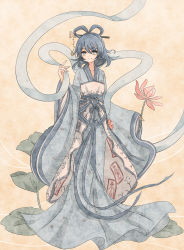 Rule 34 | 1girl, aaaabo, absurdres, adapted costume, blue eyes, blue hair, chinese clothes, female focus, flower, full body, hagoromo, hair ornament, hair rings, hairpin, hanfu, highres, holding, japanese clothes, kaku seiga, kimono, long sleeves, looking at viewer, matching hair/eyes, shawl, short hair, smile, solo, touhou, wide sleeves