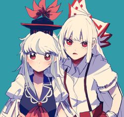 Rule 34 | 2girls, blue background, blue dress, blue headwear, bow, breasts, bright pupils, cleavage, closed mouth, collarbone, commentary request, dot mouth, dot nose, dress, fujiwara no mokou, hair bow, hands on own hips, hat, hat ribbon, itomugi-kun, kamishirasawa keine, large breasts, long hair, long sleeves, looking at viewer, lower teeth only, multicolored hair, multiple girls, open mouth, pants, pink background, red bow, red eyes, red pants, red ribbon, ribbon, shirt, simple background, standing, suspenders, teeth, torn clothes, torn sleeves, touhou, two-tone hair, upper body, white bow, white hair, white pupils, white shirt, wrist cuffs
