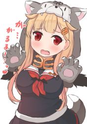 Rule 34 | 1girl, animal hands, black ribbon, black scarf, black serafuku, black skirt, blonde hair, breasts, commentary request, cowboy shot, fang, gloves, hair flaps, hair ornament, hair ribbon, hairclip, kantai collection, long hair, looking at viewer, medium breasts, neckerchief, paw gloves, pleated skirt, poipoi purin, red eyes, red neckerchief, ribbon, scarf, school uniform, serafuku, simple background, skirt, solo, tail, white background, wolf hood, wolf tail, yuudachi (kancolle), yuudachi kai ni (kancolle)
