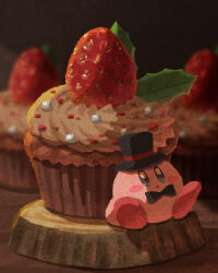 Rule 34 | black bow, black bowtie, black headwear, blue eyes, blush stickers, bow, bowtie, christmas, cupcake, food, fruit, hat, highres, kirby, kirby (series), miclot, miniature, nintendo, open mouth, pink footwear, shoes, sitting, strawberry, top hat