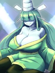 Rule 34 | 1girl, breasts, celesteela, collarbone, covered erect nipples, creatures (company), game freak, gen 7 pokemon, hair ornament, hair over one eye, hair stick, hat, highres, huge breasts, jewelry, long hair, neck ring, nintendo, off shoulder, pokemon, pokemon (creature), quarium, sitting, smile, solo, thick eyebrows, ultra beast, very long hair, wariza