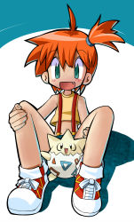 Rule 34 | 1girl, 4528, :d, asymmetrical hair, creatures (company), denim, denim shorts, fang, flat chest, game freak, gen 2 pokemon, green eyes, gym leader, legs, looking at viewer, misty (pokemon), navel, nintendo, open mouth, orange hair, pokemon, pokemon (anime), pokemon (classic anime), pokemon (creature), ponytail, shirt, shoes, short shorts, shorts, sitting, smile, sneakers, suspenders, togepi