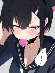 Rule 34 | 1girl, anger vein, animal ears, black hair, black sailor collar, black serafuku, blue archive, blush, breasts, cat ears, cleavage, close-up, collarbone, colored inner animal ears, colored inner hair, commentary request, condom, condom in mouth, condom wrapper, dio nand, hair between eyes, hair ornament, hairclip, highres, kazusa (blue archive), long sleeves, looking at viewer, mask, mask lift, medium breasts, mouth hold, mouth mask, multicolored hair, neckerchief, pink hair, red eyes, sailor collar, school uniform, serafuku, short hair, simple background, solo, speech bubble, two-tone hair, v-shaped eyebrows, white background, white neckerchief