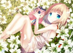 Rule 34 | 1girl, aqua eyes, bad id, bad pixiv id, bare shoulders, blonde hair, blunt bangs, blush, breasts, chinomaron, closed mouth, commentary request, dated, day, dress, eyepatch, field, flower, flower field, from above, gochuumon wa usagi desu ka?, highres, kirima syaro, legs together, lily (flower), looking at viewer, lying, on side, outdoors, petals, see-through, short hair, signature, sleeveless, sleeveless dress, small breasts, smile, solo, stuffed animal, stuffed rabbit, stuffed toy, white dress