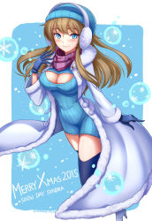 Rule 34 | 1girl, 2015, alternate costume, black gloves, black thighhighs, blue background, blue eyes, blue thighhighs, blush, breasts, brown hair, chan qi (fireworkhouse), character name, christmas, cleavage, closed mouth, coat, dated, dress, floating, floating object, from side, fur trim, gloves, grey hair, hat, high heels, highres, league of legends, light smile, long coat, long sleeves, looking at viewer, meme attire, merry christmas, open-chest sweater, open clothes, open coat, outside border, pom pom (clothes), ribbed sweater, scarf, short dress, signature, smile, snow, snow day syndra, snowball, snowflakes, solo, standing, striped, sweater, sweater dress, syndra, thighhighs, vertical stripes, winter clothes, winter coat, zettai ryouiki