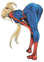 Rule 34 | 1girl, ass, bent over, blonde hair, blue eyes, bodysuit, breasts, commentary request, cosplay, from behind, highres, large breasts, long hair, marvel, metroid, nintendo, ponytail, samus aran, simple background, solo, spider-man, spider-man (cosplay), spider-man (series), spider-man (toei), thighs, toned, tsunamino yuu, very long hair, white background