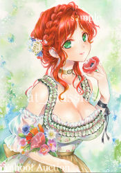 Rule 34 | 1girl, artist name, at classics, braid, breasts, choker, cleavage, closed mouth, crown braid, detached sleeves, flower, frills, green eyes, hair flower, hair ornament, holding, holding flower, large breasts, looking at viewer, marker (medium), original, puffy short sleeves, puffy sleeves, red hair, sample watermark, see-through, short sleeves, sidelocks, smile, solo, traditional media, watermark