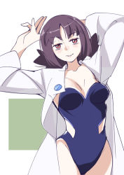 Rule 34 | 1girl, 34 (sanjushi), blue one-piece swimsuit, breasts, closed mouth, collarbone, creatures (company), curvy, expressionless, game freak, highleg, highleg swimsuit, highres, jewelry, lab coat, lips, looking at viewer, necklace, nintendo, one-piece swimsuit, philena ivy, pokemon, pokemon (anime), pokemon (classic anime), purple eyes, purple hair, shiny clothes, shiny skin, short hair, solo, strapless, swimsuit, wide hips