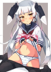 Rule 34 | 1girl, :i, beritabo, black gloves, black pantyhose, blue sailor collar, blush, bow, bow panties, brown eyes, closed mouth, clothes lift, clothes pull, commentary request, dress, dress lift, fingerless gloves, gloves, grey background, groin, headgear, highres, kantai collection, long hair, looking at viewer, murakumo (kancolle), navel, no shoes, panties, pantyhose, pantyhose pull, pillow, pout, red neckwear, sailor collar, sailor dress, short sleeves, silver hair, sitting, solo, star panties, thighband pantyhose, two-tone background, underwear, very long hair, wariza, white background, white dress, white panties, yes, yes-no pillow