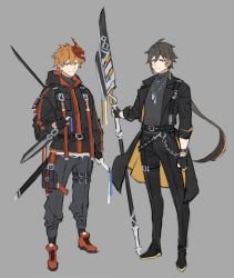 Rule 34 | 2boys, belt, black gloves, blue eyes, brown hair, chain, cross, cross necklace, dog tags, dual wielding, fingerless gloves, full body, genshin impact, glaive (polearm), gloves, grey background, highres, holding, jacket, jewelry, long hair, long sleeves, looking at viewer, male focus, mask, mask on head, multiple boys, necklace, orange hair, pants, papajay (jennygin2), polearm, pouch, simple background, standing, symbol-only commentary, tartaglia (genshin impact), thigh strap, weapon, yellow eyes, zhongli (genshin impact)