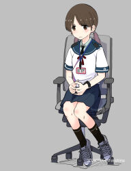 Rule 34 | 1girl, black socks, blue sailor collar, blue skirt, blush, brown eyes, brown hair, chair, closed mouth, commentary request, dated, full body, grey background, highres, kantai collection, kneehighs, looking at viewer, low twintails, office chair, pleated skirt, sailor collar, school uniform, serafuku, shikishima fugen, shirayuki (kancolle), shoes, simple background, sitting, skirt, sneakers, socks, solo, swivel chair, twintails, twitter username, watch, wristwatch