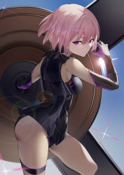 Rule 34 | 1girl, absurdres, armor, armored leotard, ass, bare shoulders, black armor, black gloves, black leotard, breastplate, closed mouth, commentary, elbow gloves, fate/grand order, fate (series), gloves, hair between eyes, highres, holding, holding shield, holding weapon, leotard, looking at viewer, mash kyrielight, mooouluren, pink hair, purple eyes, purple gloves, shield, short hair, smile, solo, thighs, two-tone gloves, weapon