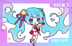 Rule 34 | 1girl, absurdly long hair, aqua eyes, aqua hair, battery indicator, chibi, commentary, dated, dress, floating hair, framed image, full body, future eve (vocaloid), gloves, gradient hair, hair ornament, hair ribbon, hatsune miku, holding, holding wand, long hair, looking at viewer, magical mirai (vocaloid), magical mirai miku, magical mirai miku (2022), microphone wand, multicolored hair, nishina hima, open mouth, outstretched arm, pink dress, pink gloves, pink ribbon, purple hair, recording, ribbon, sleeveless, sleeveless dress, smile, solo, star (symbol), star hair ornament, striped ribbon, thigh strap, very long hair, vocaloid, wand, white background