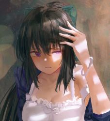 Rule 34 | 1girl, black hair, bow, bracelet, breasts, cleavage, commentary request, hair bow, highres, jewelry, long hair, medium breasts, noccu, noihara himari, omamori himari, parted lips, ponytail, purple eyes, solo
