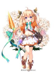 Rule 34 | 1girl, :d, ahoge, bag, bare legs, bike shorts, black bow, black shorts, blonde hair, blush, bow, brown footwear, carrot (flower knight girl), carrot hair ornament, dot nose, flower, flower knight girl, food-themed hair ornament, frills, full body, green bow, hair bow, hair intakes, hair ornament, hairclip, highres, holding, holding polearm, holding weapon, jacket, layered skirt, long hair, looking at viewer, midriff, name connection, navel, object namesake, official art, open mouth, orange jacket, polearm, pom pom (clothes), pom pom hair ornament, puffy sleeves, purple eyes, shoes, shorts, shorts under skirt, simple background, skirt, smile, solo, standing, strapless, striped, striped bow, tube top, umeko machi, weapon, white background, white skirt, wrist cuffs, x hair ornament