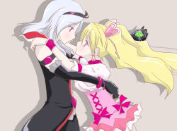 Rule 34 | 2girls, armband, black gloves, blonde hair, blue hair, blush, bow, choker, couple, cure peach, earrings, eas (fresh precure!), elbow gloves, eye contact, female focus, fresh precure!, friends, gloves, grey background, hair ornament, hairband, half-closed eyes, heart, heart earrings, heart hair ornament, higashi setsuna, hug, imminent kiss, jewelry, kannazuki no miko, long hair, looking at another, magical girl, miko embrace, momozono love, multiple girls, pallas-quartetto, parody, pendant, pink bow, pink eyes, precure, profile, red eyes, shadow, short hair, simple background, skirt, style parody, twintails, wristband, yuri