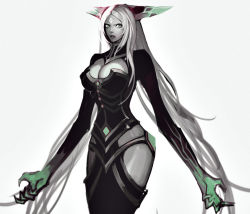 Rule 34 | 1girl, alternate color, alternate costume, blue eyes, bodysuit, breasts, claws, cleavage, cleavage cutout, clothing cutout, colored skin, facial mark, forehead mark, grey skin, headgear, league of legends, lips, lissandra (league of legends), long hair, nose, silver hair, solo, tyutii, very long hair