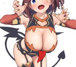 Rule 34 | 1girl, baffu, bare shoulders, black panties, black thighhighs, blue eyes, blush, breasts, bridal gauntlets, brown hair, cleavage, cleavage cutout, clothing cutout, demon girl, demon tail, demon wings, elbow gloves, facepaint, fang, garter belt, garter straps, gloves, hanging breasts, heart, hitoyo (baffu), large breasts, leaning forward, looking at viewer, low wings, nail art, nail polish, open mouth, orange gloves, original, panties, panties over garter belt, short hair with long locks, simple background, skin fang, smile, solo, tail, thighhighs, underwear, unfinished, white background, wings
