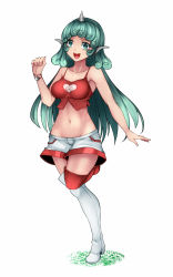 Rule 34 | 1girl, :d, adapted costume, aoshima, asymmetrical footwear, bare shoulders, blush, boots, breasts, collarbone, curly hair, full body, green eyes, green hair, groin, highres, horns, knee boots, komano aunn, large breasts, long hair, looking at viewer, mismatched footwear, navel, open mouth, short shorts, shorts, single horn, smile, solo, standing, standing on one leg, stomach, touhou