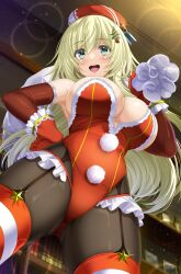 Rule 34 | 1girl, atago (kancolle), bare shoulders, beret, blonde hair, blush, breasts, brown pantyhose, christmas, cleavage, elbow gloves, fur trim, gloves, green eyes, hat, highleg, highleg leotard, highres, kantai collection, large breasts, leotard, long hair, looking at viewer, open mouth, pantyhose, red gloves, red hat, red leotard, sack, santa costume, shibata rai, smile, solo, thighs