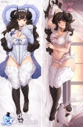 Rule 34 | 1girl, animal ears, artist name, bed sheet, bell, black hair, blue gloves, blunt bangs, breasts, bridal gauntlets, center frills, cleavage, commentary, dakimakura (medium), frilled pillow, frilled sleeves, frills, full body, gloves, hand on own chest, hand to own mouth, highres, hooves, horizontal pupils, horns, iwbitu, large breasts, long hair, long sleeves, looking at viewer, lying, midriff, monster girl, multiple views, navel, neck bell, on back, on side, original, parted lips, pillow, puffy short sleeves, puffy sleeves, sheep ears, sheep girl, sheep horns, sheep tail, short sleeves, smile, stuffed animal, stuffed sheep, stuffed toy, tail, white fur, wide sleeves, yellow eyes