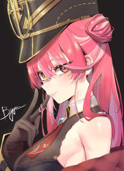 Rule 34 | 1girl, absurdres, bare shoulders, black background, black hat, breasts, brown gloves, chen yang yang, cleavage, from side, gloves, hair between eyes, hair bun, hand up, hat, heterochromia, highres, hololive, houshou marine, houshou marine (marching band), long hair, looking at viewer, multicolored hair, parted lips, pink hair, red eyes, see-through, see-through cleavage, signature, simple background, smile, solo, streaked hair, upper body, v, virtual youtuber, yellow eyes