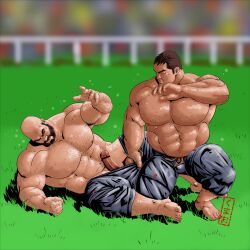 Rule 34 | 2boys, abs, after battle, arm hair, bald, bar censor, bara, beard, bulge, censored, chest hair, clenched hand, clothes pull, erection, facial hair, full body, hairy, highres, huge pectorals, kumao-caffe, large hands, lying, male focus, mature male, multiple boys, muscular, muscular male, mustache, navel, navel hair, nipples, old, old man, on back, original, pants, pants pull, penis, pulling another&#039;s clothes, short hair, sideburns, sparse stubble, stomach, strongman waist, sweat, thick eyebrows, topless male, wiping face, wiping sweat, yaoi
