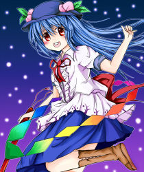 Rule 34 | 1girl, bad id, bad pixiv id, blue hair, blush, boots, bow, buck teeth, dress, female focus, food, fruit, gradient background, hat, highres, hinanawi tenshi, large bow, long hair, looking back, multicolored clothes, multicolored dress, night, peach, red eyes, sakuraba hikaru (loveindog), smile, solo, standing, star (symbol), sword, sword of hisou, teeth, touhou, weapon