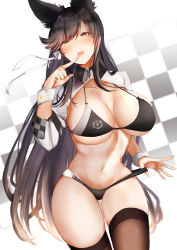 Rule 34 | 1girl, absurdres, alternate costume, animal ears, arm support, arms at sides, ass, atago (azur lane), atago (stunning speedster) (azur lane), azur lane, bikini, bikini tug, black bikini, black hair, black thighhighs, blush, breasts, brown eyes, checkered background, clothes writing, commentary request, cowboy shot, curvy, extra ears, finger to mouth, groin, hair ribbon, high heels, highres, holding, jacket, large breasts, long hair, looking at viewer, mole, mole under eye, navel, no shoes, open clothes, open mouth, pnatsu, pumps, race queen, ribbon, shrug (clothing), simple background, sitting, skindentation, smile, solo, standing, stomach, swept bangs, swimsuit, thighhighs, white background, white footwear, white ribbon, wrist cuffs