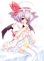 Rule 34 | 1girl, bad id, bad pixiv id, bat wings, belly, clothes lift, dress, dress lift, fang, female focus, hat, highres, irori, navel, no panties, purple hair, red eyes, remilia scarlet, short hair, solo, touhou, wings