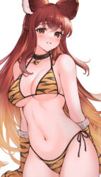 Rule 34 | 1girl, animal ears, animal print, anthuria, bell, bikini, black choker, blush, breasts, choker, commentary request, erune, gloves, granblue fantasy, highres, koretsuki azuma, long hair, looking at viewer, medium breasts, neck bell, parted lips, print bikini, print gloves, red eyes, red hair, simple background, solo, swimsuit, tiger print, white background, yellow bikini, yellow gloves