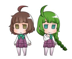Rule 34 | 2girls, ahoge, blush, bow, braid, brown eyes, brown hair, chibi, closed mouth, dress, full body, green background, green bow, green eyes, green hair, gurageida, kantai collection, kishinami (kancolle), long hair, long sleeves, looking at viewer, mole, multiple girls, no shoes, pantyhose, pleated dress, purple dress, purple legwear, shirt, simple background, single braid, sleeveless, sleeveless dress, sleeves past wrists, smile, standing, very long hair, white background, white shirt, yuugumo (kancolle)