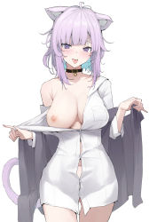 Rule 34 | 1girl, ahoge, animal ear fluff, animal ears, black choker, black jacket, blue hair, blush, breasts, button gap, cat ears, cat girl, cat tail, choker, cleavage, clothes pull, colored inner hair, cowboy shot, highres, hololive, jacket, large breasts, long sleeves, looking at viewer, medium hair, midriff peek, mitsuru (pixiv 34028718), multicolored hair, naked shirt, nekomata okayu, nekomata okayu (oversized shirt), nipples, off shoulder, open clothes, open jacket, pulling own clothes, purple eyes, purple hair, shirt, shirt pull, simple background, solo, standing, tail, tongue, tongue out, virtual youtuber, white background