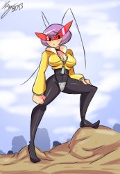 Rule 34 | 1girl, antennae, bigdead, black torch, bob cut, bodysuit, breasts, cleavage, cropped jacket, crotch plate, fallout (black torch), full body, hand on own thigh, hand on thigh, highres, kamina shades, pointy footwear, purple hair, shoes, short hair, solo, standing, unzipped