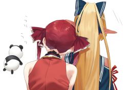 Rule 34 | 2girls, back, blonde hair, blue bow, blue dress, bow, clothing cutout, commentary, dress, from behind, hair bow, hair ribbon, highres, hololive, houshou marine, jacket, kintsuba (shiranui flare), leaning on person, long hair, medium hair, multiple girls, no headwear, pointy ears, ponytail, red hair, red jacket, ribbon, shiranui flare, shiranui flare (old design), shoulder cutout, simple background, sleeveless, sleeveless jacket, twintails, upper body, virtual youtuber, white background, yomosaka