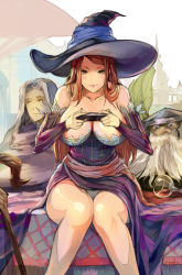 Rule 34 | 1girl, 2boys, bare shoulders, beard, breasts, cleavage, cup, day, detached sleeves, dragon&#039;s crown, drinking glass, dwarf (dragon&#039;s crown), facial hair, final, handheld game console, hat, huge breasts, large breasts, long hair, long skirt, multiple boys, outdoors, panties, pantyshot, playing games, playstation vita, red eyes, red hair, sitting, skirt, smirk, sorceress (dragon&#039;s crown), spilling, staff, table, underwear, upskirt, white panties, wine glass, witch hat, wizard (dragon&#039;s crown)