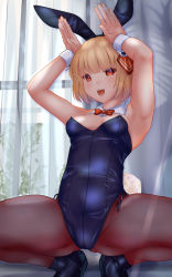 Rule 34 | 1girl, animal ears, armpits, black footwear, black leotard, black pantyhose, blonde hair, boots, bow, bowtie, breasts, commentary request, curtains, detached collar, fake animal ears, full body, highres, leotard, looking at viewer, open mouth, pantyhose, playboy bunny, rabbit ears, rabbit pose, rabbit tail, red bow, red bowtie, red eyes, rumia, short hair, shounen (hogehoge), small breasts, smile, solo, spread legs, squatting, strapless, strapless leotard, tail, teeth, touhou, upper teeth only, window, wrist cuffs