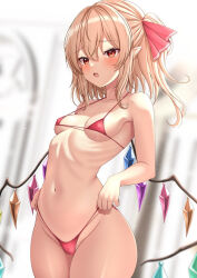 Rule 34 | 1girl, :o, arched back, bare arms, bikini, bikini pull, blonde hair, blurry, blurry background, blush, cameltoe, clothes pull, collarbone, commentary request, flandre scarlet, groin, hair between eyes, hair ribbon, highres, micro bikini, navel, open mouth, pointy ears, red bikini, red eyes, reijing etrn, ribbon, ribs, sidelocks, smile, solo, standing, swimsuit, touhou