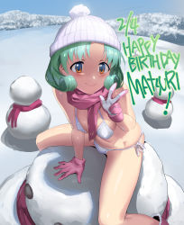 Rule 34 | 1girl, andou shuki, arm support, bare shoulders, beanie, bikini, breasts, brown eyes, character name, closed mouth, curly hair, dated, day, foreshortening, gloves, green hair, hand up, happy birthday, hat, highres, idolmaster, idolmaster million live!, looking at viewer, medium breasts, outdoors, parted bangs, pink footwear, pink gloves, pink scarf, scarf, short hair, side-tie bikini bottom, sitting, smile, snow, snowman, solo, spread legs, swimsuit, thighs, tokugawa matsuri, w, white bikini, white hat, winter