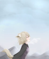 Rule 34 | 1girl, animal ears, blonde hair, closed eyes, commentary request, hair between eyes, highres, medium hair, mitarashi dayo, mountain, open mouth, screaming, snowing, steam, sweater, tail, urotsuki, wolf ears, wolf tail, yume 2kki