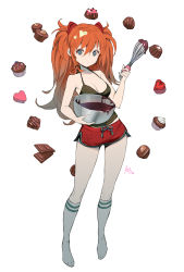 Rule 34 | 1girl, alternate costume, armpits, ask (dreaming cat), breasts, chocolate, cleavage, closed mouth, cooking, cupcake, food, full body, hair between eyes, halterneck, kneehighs, leaning to the side, long hair, looking at viewer, midriff peek, neon genesis evangelion, no bra, short shorts, shorts, simple background, socks, solo, souryuu asuka langley, standing, striped clothes, striped socks, tank top, two side up, wavy hair, whisk, white background, white socks, wide-eyed