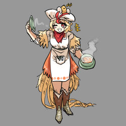Rule 34 | 1girl, animal, animal on head, apron, bird, bird girl, bird on head, bird tail, blonde hair, boots, chef hat, chick, cooking, cooking pot, dress, food, full body, grey background, hat, highres, holding, holding cooking pot, holding food, kaibootsu, looking at viewer, multicolored hair, niwatari kutaka, on head, orange dress, orange skirt, puffy short sleeves, puffy sleeves, red eyes, red hair, short hair, short sleeves, skirt, solo, soup, tail, touhou, two-tone hair, white apron, white hat