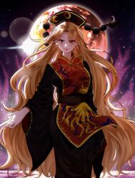 Rule 34 | 1girl, absurdres, black kimono, blonde hair, breasts, chinese clothes, closed mouth, cowboy shot, eyes visible through hair, fire, hair over one eye, highres, japanese clothes, junko (touhou), kimono, light smile, long hair, long sleeves, looking at viewer, medium breasts, moon, parted hair, phoenix crown, phoenix print, pom pom (clothes), purple fire, red eyes, red tabard, solo, standing, tabard, touhou, very long hair, wide sleeves, yoshino (q sci)