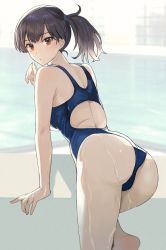 Rule 34 | 1girl, ass, back, blue one-piece swimsuit, breasts, brown eyes, brown hair, closed mouth, competition swimsuit, covered navel, cowboy shot, hair between eyes, highres, indoors, kaga (kancolle), kantai collection, kasumi (skchkko), long hair, looking at viewer, looking back, medium breasts, one-piece swimsuit, pool, poolside, rei no pool, short sidetail, side ponytail, solo, swimsuit, wet, wet clothes, wet swimsuit, window