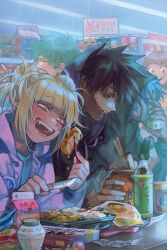 Rule 34 | 2girls, 3boys, :d, all might, bento, black hair, blonde hair, blunt bangs, blush, boku no hero academia, bottle, brown eyes, brown hair, burn scar, cameo, can, candy, casual, cheek piercing, chopsticks, commentary, convenience store, covered face, cup ramen, dabi (boku no hero academia), double bun, drink, drooling, ear piercing, eating, english commentary, fangs, feet out of frame, food, fork, freckles, from side, green eyes, green hair, hair bun, half-closed eyes, hand up, hands up, holding, holding chopsticks, holding food, holding fork, holding knife, hood, hood up, indoors, knife, lollipop, long sleeves, looking ahead, looking down, loveariddle, messy hair, midoriya izuku, multiple boys, multiple girls, multiple piercings, multiple scars, narrowed eyes, neon lights, onigiri, open mouth, parted lips, piercing, puffy long sleeves, puffy sleeves, saliva, scar, shelf, shigaraki tomura, shop, sign, smile, spiked hair, steam, swept bangs, teeth, toga himiko, upper body, uraraka ochako, yellow eyes